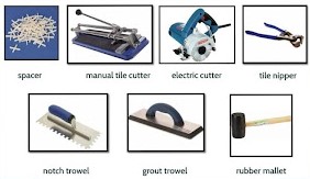 Kolaj peralatan jubin: spacer, pemotong jubin manual, pemotong elektrik, pemotong jubin kecil, kulir bergigi, kulir grout, tukul getah.